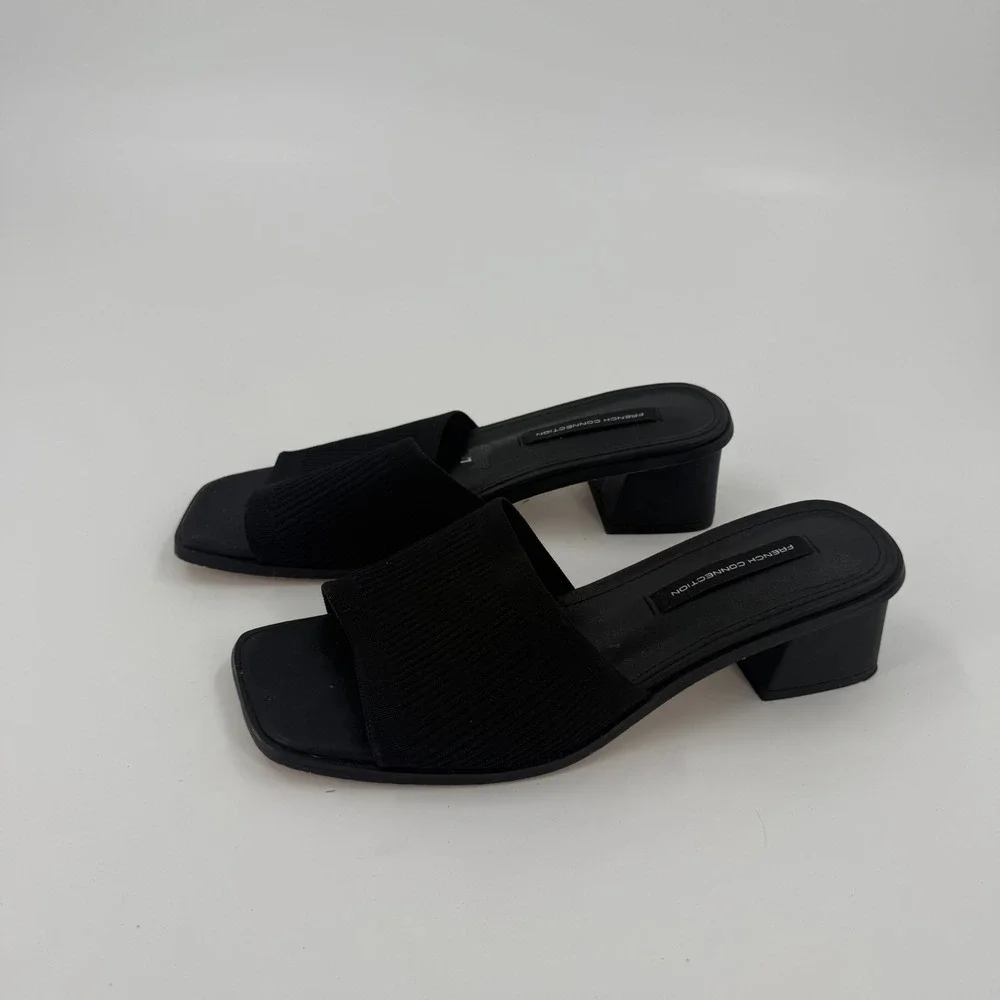 French Connection Slide Sandals Womens US 9 Black Upper Knit Open Toe Block Heel